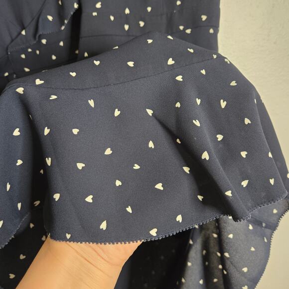 Sunday Best Heart Print Ruffle Mini Wrap Dress Navy Size 4 Date Night Out Brunch - Picture 4 of 11